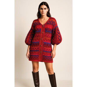 VINTAGE 60s XS Mod $380 HAND KNIT Sweater Mini Dress Prada Puff Sleeves Red Blue